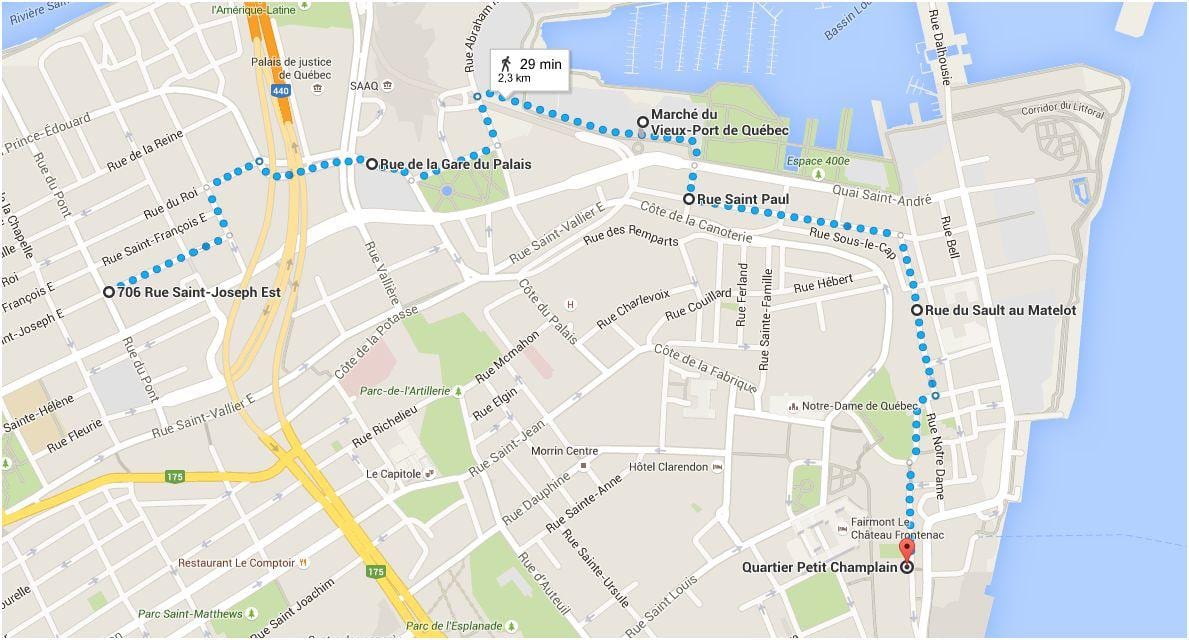 Kart av Quebec City i lower town