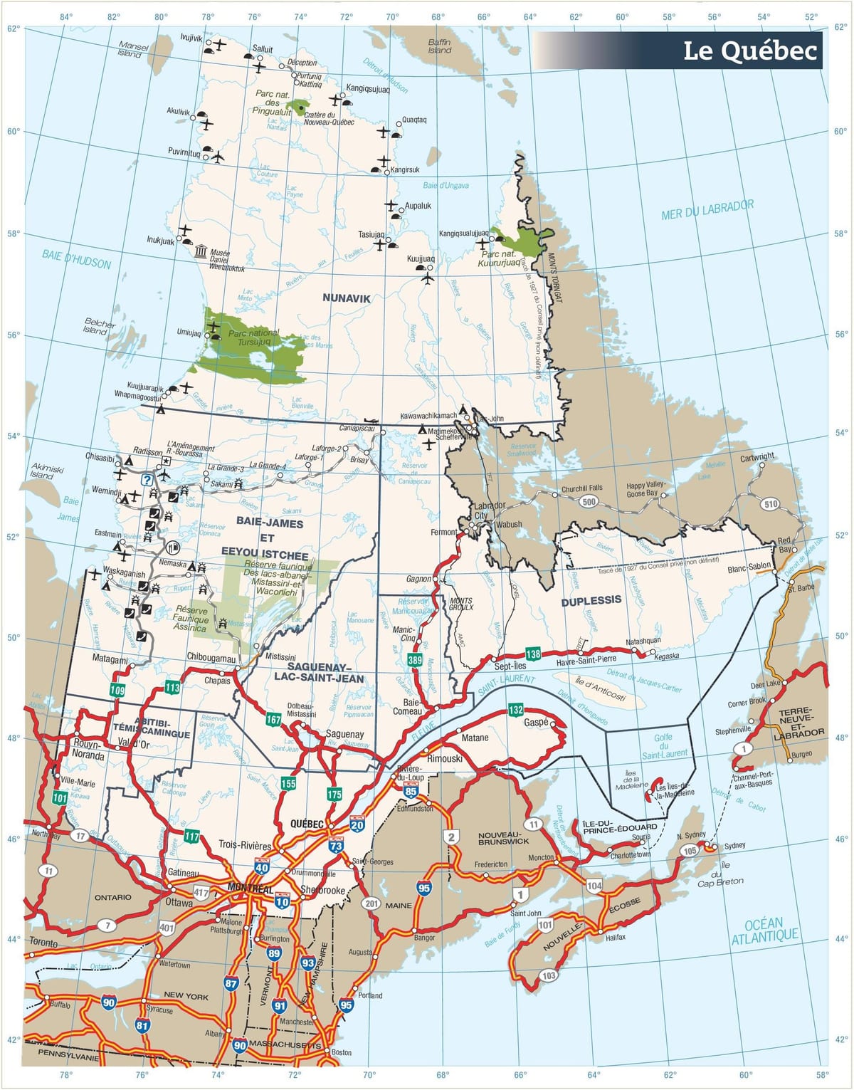 Kart over veien Quebec, canada